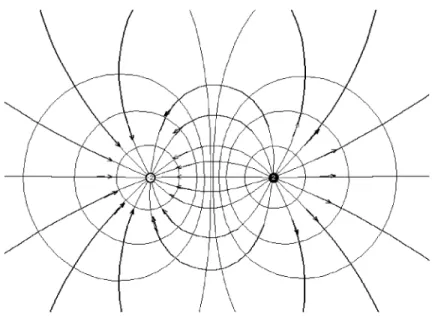 FIGURE 15.4 Electric dipole field map with equipotentials. Note in this case the equipotential surfaces are not spheres, but are everywhere perpendicular to the electric field.