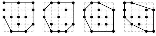Figure 3. The possible choices of points in a [0, 4] × [0, 4] square giving a[49, 13, 27] code over F8.