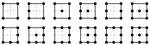 Figure 4. The twelve equivalence classes of pointsB S in the [0, 2] × [0, 2] square such that vert(B) ⊆ S.