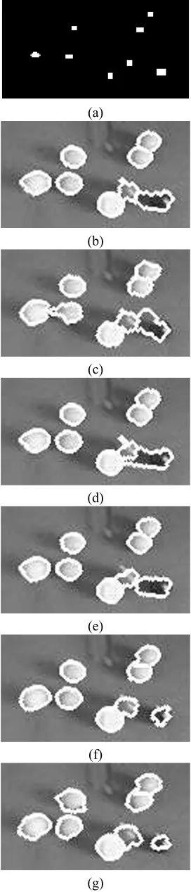 Figure 8. Segmentation Results - Billiard Balls: (a) Setof Markers. (b-e) Gradient I to IV 