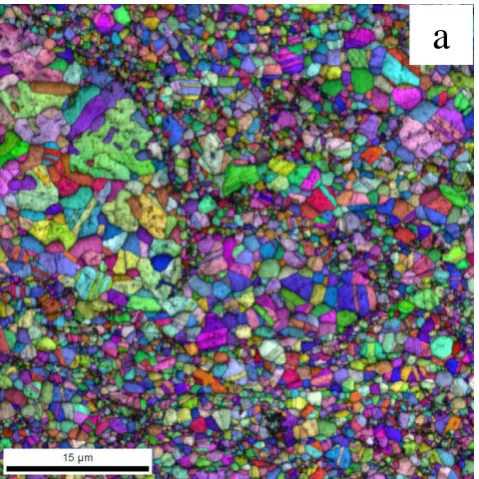Figure 3.  (a) Inverse pole figure map and (b) phase distribution map derived from ESBD data of heat treated coating C1 prior to creep testing