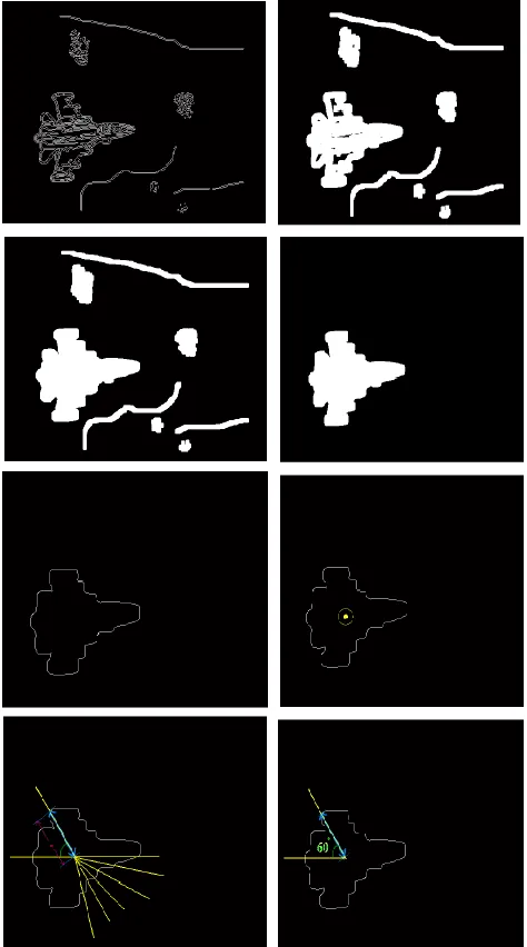 Fig 4.Complement of subtracted image, Binary Image, Edge Detected,  Dilated,  Filling Holes, Object with Maximum Area, Edge Detection of 