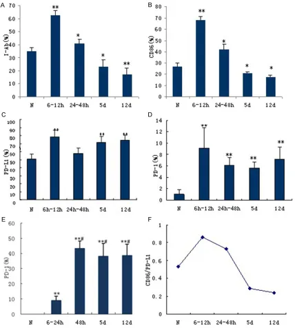 Figure 4. Immunohistochemistry analysis of I-Ab and CD86 expression in the spleen. (A-C) I-Ab; and (D-F) CD86 ex-pression was analyzed in (A and D, respectively) normal control tissue and at (B and E, respectively) 6 h and (C and F, respectively) 12 d afte