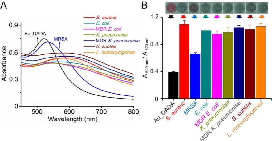 Figure 3. The sensitivity of Au_DADA for detection of S. aureus. (A) A 600 nm/A 520 nm value of Au_DADA