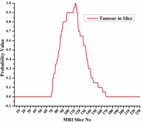 Figure 3.  The probability of the tumour occurrence in MR image slices of challenge MICCAI (BRATS2012-BRATS-1) dataset 