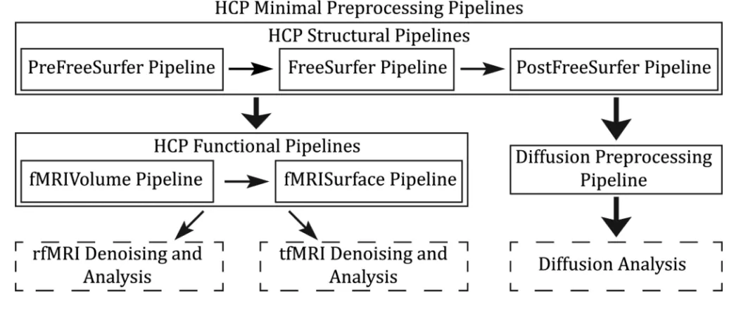 Figure 7.An overview of the HCP Minimal Preprocessing Pipelines. The HCP Structural Pipelinesare run first, and then either the HCP Functional Pipelines or the Diffusion PreprocessingPipeline can be run