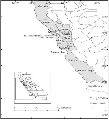 Figure 2.1. Map of California with The Marine Mammal Center’s response area shaded 