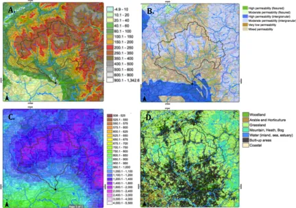 Figure   3.2.   Physical   characteristics   of   the   Irwell   Catchment:   A)   Elevation;   B)   Surface   permeability;   C)   Rainfall;   and   D)   land-­‐use