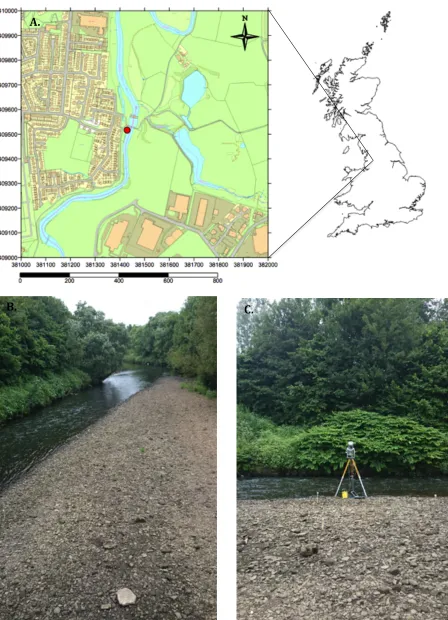 Figure   3.3.   A)   Study   site   location;   B)   the   sampled   sediment   bar;   C)   The   TLS   scanner   and   retro   reflectors