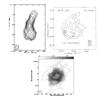 Figure 1.2: Some examples of the observed morphologies of UC HII regions. Top left: the bipolarsource NGC 7538 IRS 1 (Franco-Hernández & Rodríguez, 2004), Top right: the cometary source M17UC1 (Felli et al., 1984), Bottom: the shell-like source G5.89 -0.39 (Wood & Churchwell, 1989)