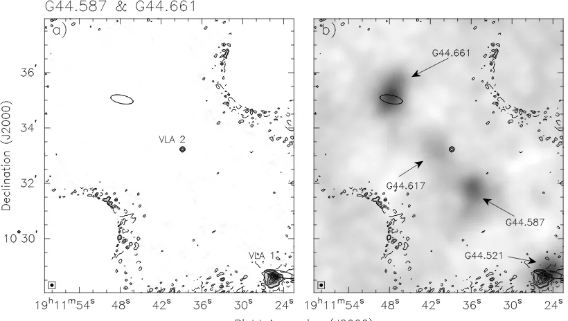 Figure 2.1: a) VLA 3.6 cm D-array continuum, b) Bolocam Galactic Plane Survey 1.1 mm, and c)Inset or smaller panels cover the area shown by the boxes displayed in the main panel