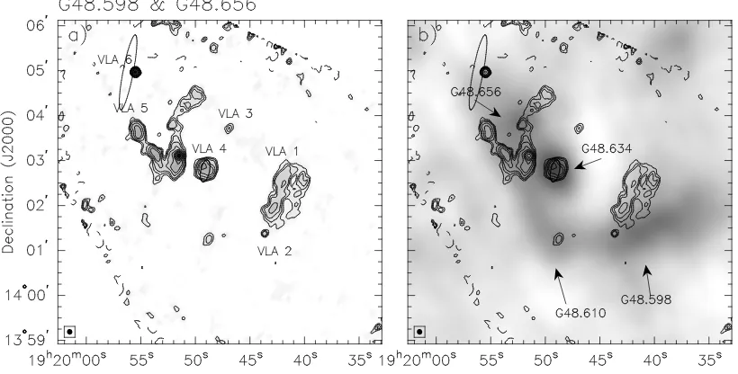 Figure 2.3: a) 3.6 cm continuum, b) 1.1 mm, and c) GLIMPSE images of the G48.598 & G48.6562-600, B: 2-1000 MJy Srﬁeld