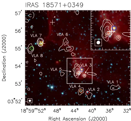 Figure 2.9: a) 3.6 cm continuum, b) SEST 1.2 mm, and c) GLIMPSE images of the IRAS 185715-700 MJy Srbeam: 7.9+0349ﬁeld