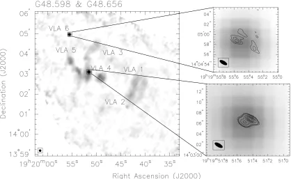 Figure 2.12: VLA 3.6 cm B and D array continuum images of the G48.598 & G48.656 ﬁeld.15, 20, 25, 30, 35VLA 3.6 cm D array greyscale image of the entire region