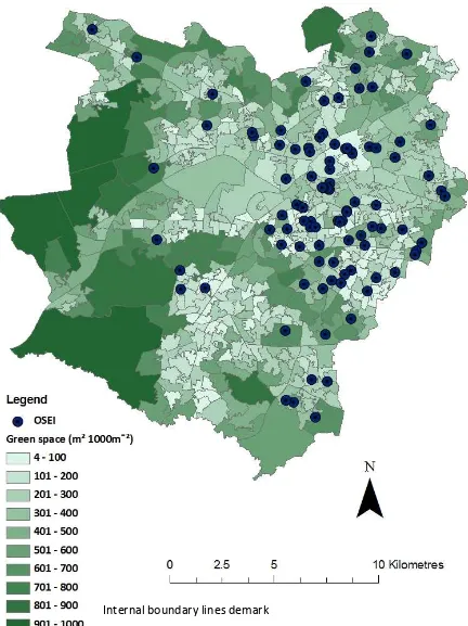 Figure 4.9 Study area green space density (m² 1000m¯²) per LSOA (ONS, 2001). 