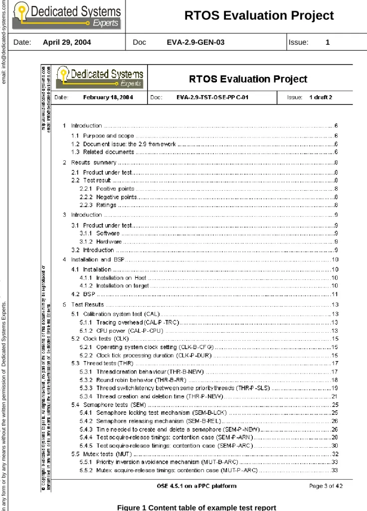 Figure 1 Content table of example test report 