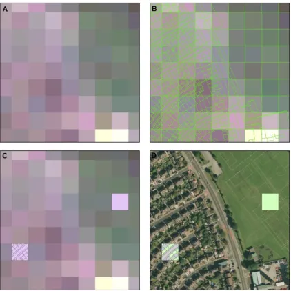 Figure 4.2. Comparison of sample pixels and aerial photography (A) Landsat imagery, (B) Overlaid, gridded OSMM data, (C) Selection of sample pixels, (D) Overlaid aerial photography (Landmap; The GeoInformation Group 2007)