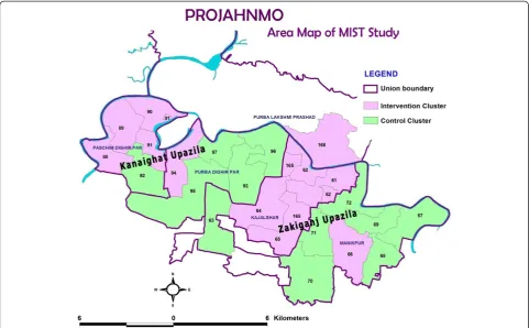 Fig. 1 Map of Sylhet District, Bangladesh and unions participating in the Projahnmo MIST trial