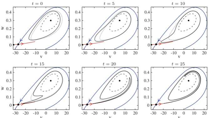 Fig. 4 Shear-induced folding in the Morris–Lecar model. Here, the stable cycle is given one kick withthree ﬁxed points (curveA = −2, then allowed to relax back to the cycle