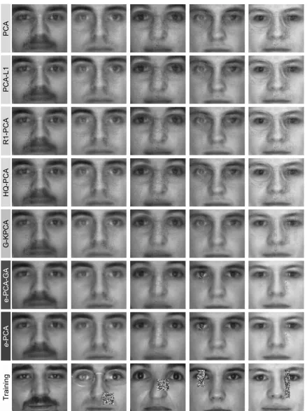 Fig. 9 Reconstructions of PCA, PCA-L1, R1-PCA, HQ-PCA, G-KPCA,images occluded by an area of 5 % (20 components)