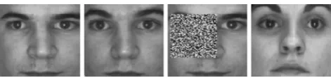 Fig. 2 Example motivating the use of the cosine-based dissimilaritymeasure. Shown from left to right are the original image, a secondimage of the same subject, an occluded version of the original imageand an image of another subject