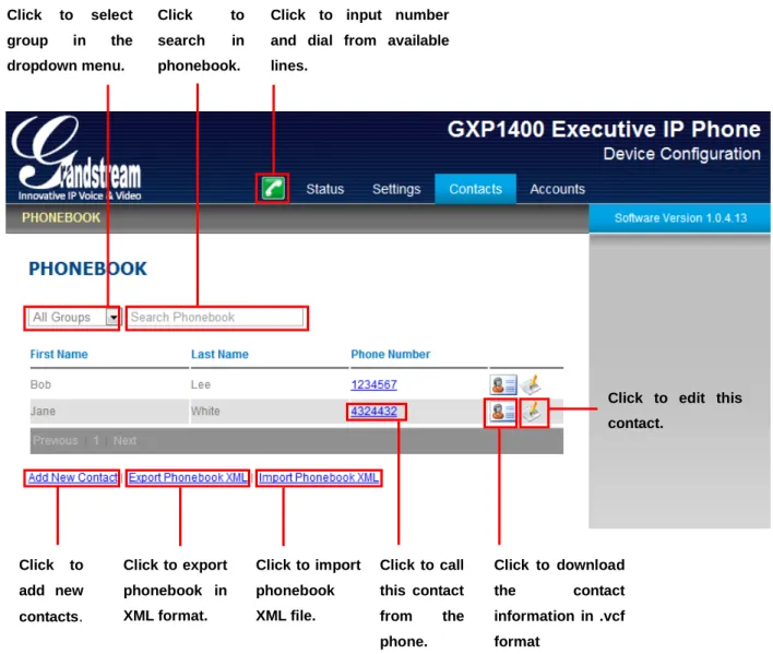 Figure 3: GXP1400/GXP1405 Web GUI - Contacts 