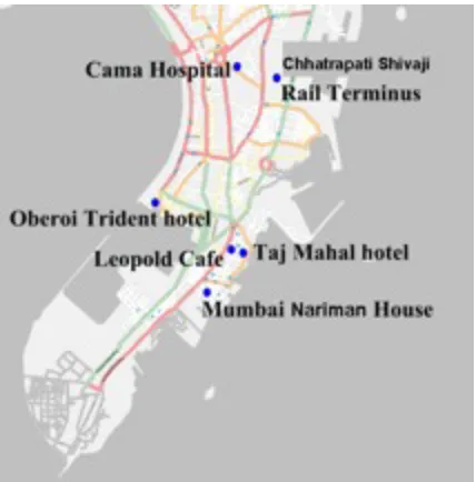Figure 2: Locations of 26/11 Mumbai terror attacks (source, Wikipedia)