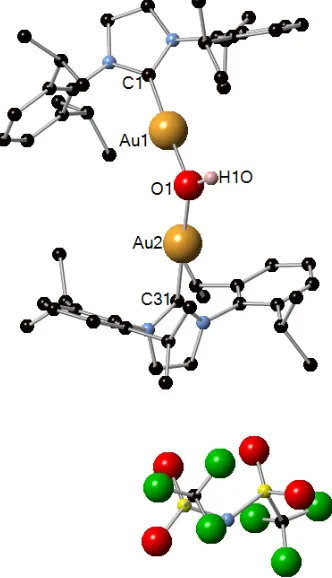Figure 7.1 Molecular structure of [{[IPr)Au}2(μ-OH)][NTf2] 4. Selected bond lengths [Å] and angles [deg]: Au1-Au2 3.6348(12); Au1-O1, 2.036(4); Au2-O1, 2.043(4); Au1-C1, 1.959(5); Au2-C31, 1.954(5); Au1-O1-Au2,126.0(2); O1-H1O, 0.988(19) ; Au1-O1-H1O, 108(3); Au2-O1-H1O, 123(3); C1-Au1-O1, 175.26(19); C31-Au2-O1,176.23(17).