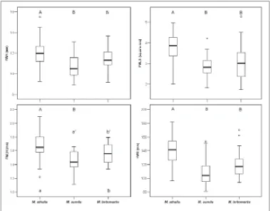 Figure 4. Variation in four morphometric characters in M. athalia, M. aurelia and M. britomartis: fore-wing height (FWH), forewing lunule surface (FWLS), forewing lunule height (FWLH) and hindwing surface (HWS)