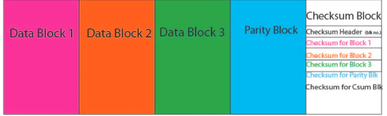 Figure 1: Our Checksumming RAID Layout. We have added another block to a typical RAID stripe to hold checksum data.