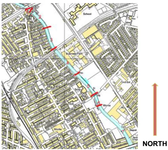 Fig. 4-4: Sections 1 - 7:  from the Red Lion, Bridge Street to Linacre Lane bridge. Scale at source 1:10000 
