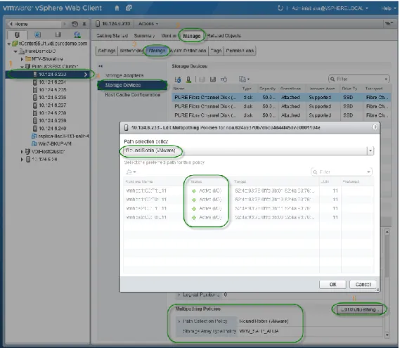 Figure 8:  VMware vSphere web client showing Pure Storage LUN multipathing configuration
