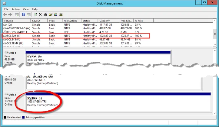 Figure 11. New SQLBAK volume mounted to the CYCLOPS host. 