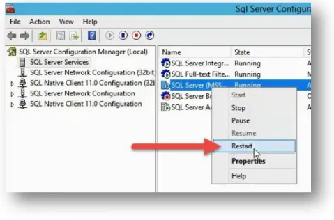 Figure 23 - Restarting the SQL Server service from within Configuration Manager 