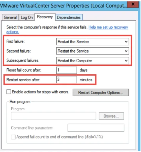 Figure 4. vCenter Server – Automatic Restart Configuration