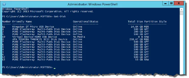 Figure 6. Get-Disk to show all disks connected to the Windows host.