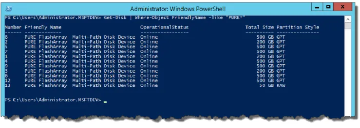 Figure 7. Viewing only PURE disks using PowerShell. 