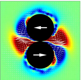 FIG. 3: A representation, obtained from simulation, of thetime-averaged vortex structure around the two spheres vi-brated under conditions for which they are not rotating