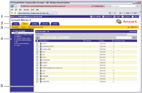 Figure 3.1: Example Avocent DSView 3 Explorer Window Areas Table 3.1: DSView 3 Explorer Window Area Descriptions