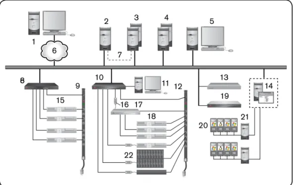 Figure 1.1 illustrates an example system configuration using the DSView management software.