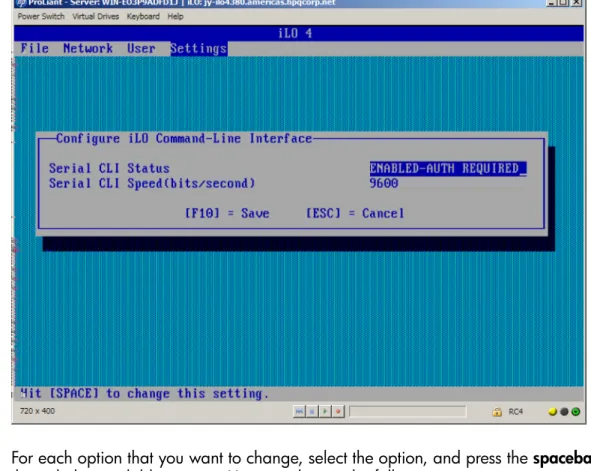 Figure 17 iLO RBSU Configure iLO Command-Line Interface window