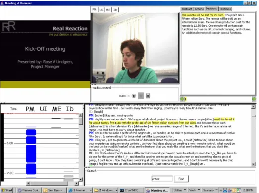 Fig. 1.  Research prototype of a meeting browser (Ferret) providing synchronized access to  (from left to right, top to bottom) presentations, close-up videos of participants, minutes  (abstract, actions, decisions, problems), speaker activity logs (who sp