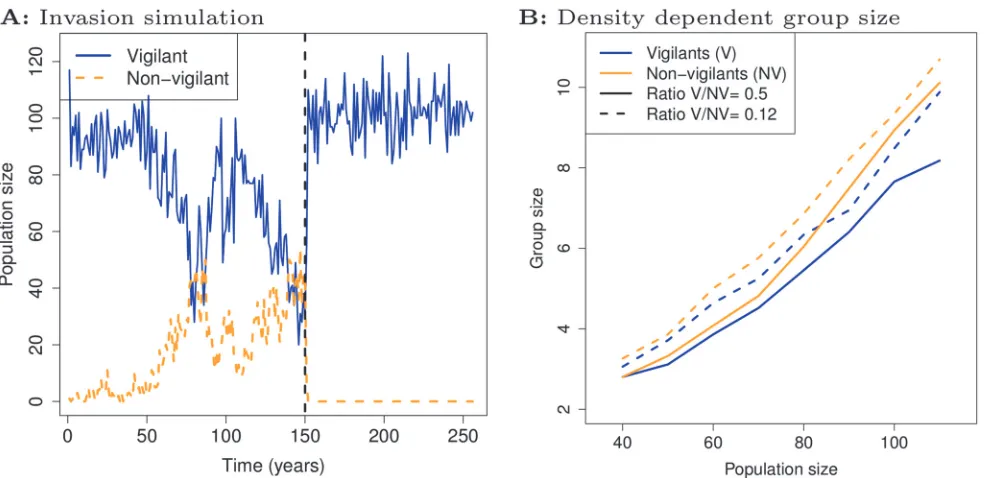 Figure 4. Co-existence of vigilant and non-vigilant foragers. A: Invasion simulation showing a selected non-vigilant genotype (orange) invading apopulation of a selected vigilant genotype (blue), after which both types co-exist
