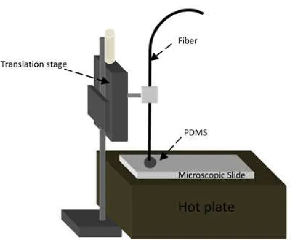 Fig. 11: Setup for sealing the fiber tip using PDMS. The PCF, mounted on the z axis translational stage was lowered to a blob of uncured PDMS, kept on top of a hotplate