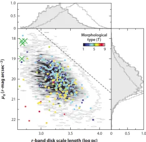 Figure 1.3: The bivariate distribution function of disc galaxy scale lengths and face-on central surfacebrightnesses from a sample of 30,000 galaxies taken from SDSS, with selection effects corrected.The coloured circles show the 282 classiﬁed galaxies wit