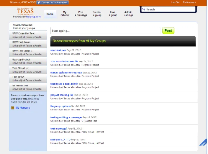 Figure 6 – Screenshot of Regroup “Home” Page (List of User’s Groups) 