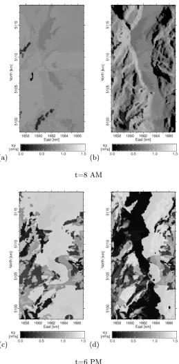 Figure 2.18.: Maps of the computed Kz at ground level (z = 3 m) in the morning and inthe late afternoon: (a, c) standard method; (b, d) present model.