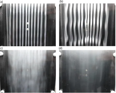 Fig. 5 Photograph showing the behaviour of the smoke lines in the test section (a) 1ms-1 (b) 3ms-1 (c) 6ms-1 (d) 9ms-1 (direction of the freestream flow is from top to bottom)