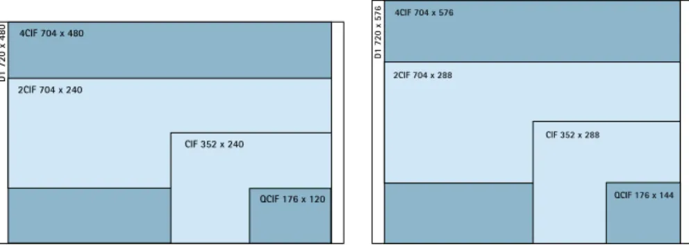 Figure 6.1a  At left, different NTSC image resolutions. At right, different PAL image resolutions.