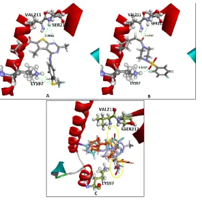 Figure V A MEK1 interactions with compound 22. B: MEK1 interactions with compound 72. C: Superimposition of 